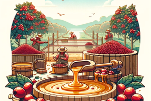 DALL·E 2023 11 21 16.14.22 A compact scene depicting the honey process in coffee production. The image features a small group of workers handpicking red coffee cherries in a fie